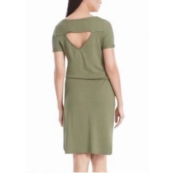 White House Black Market Drawstring Waist Dress Army Green Knit Cutout Back S - Picture 2 of 7